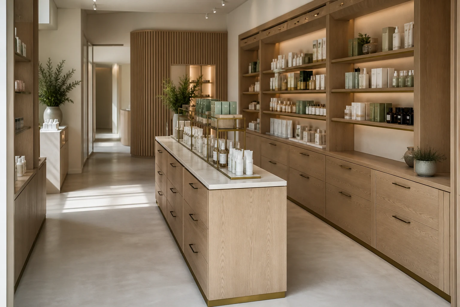 Bespoke display furniture guiding a clear route through a shop.