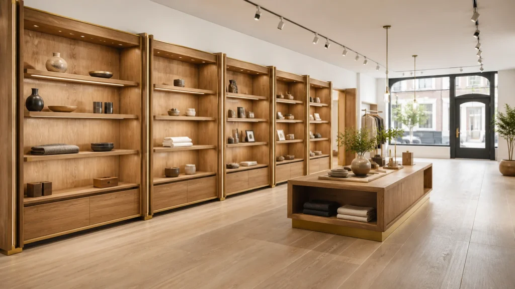 Clean retail showroom with custom display fittings and open walking space.