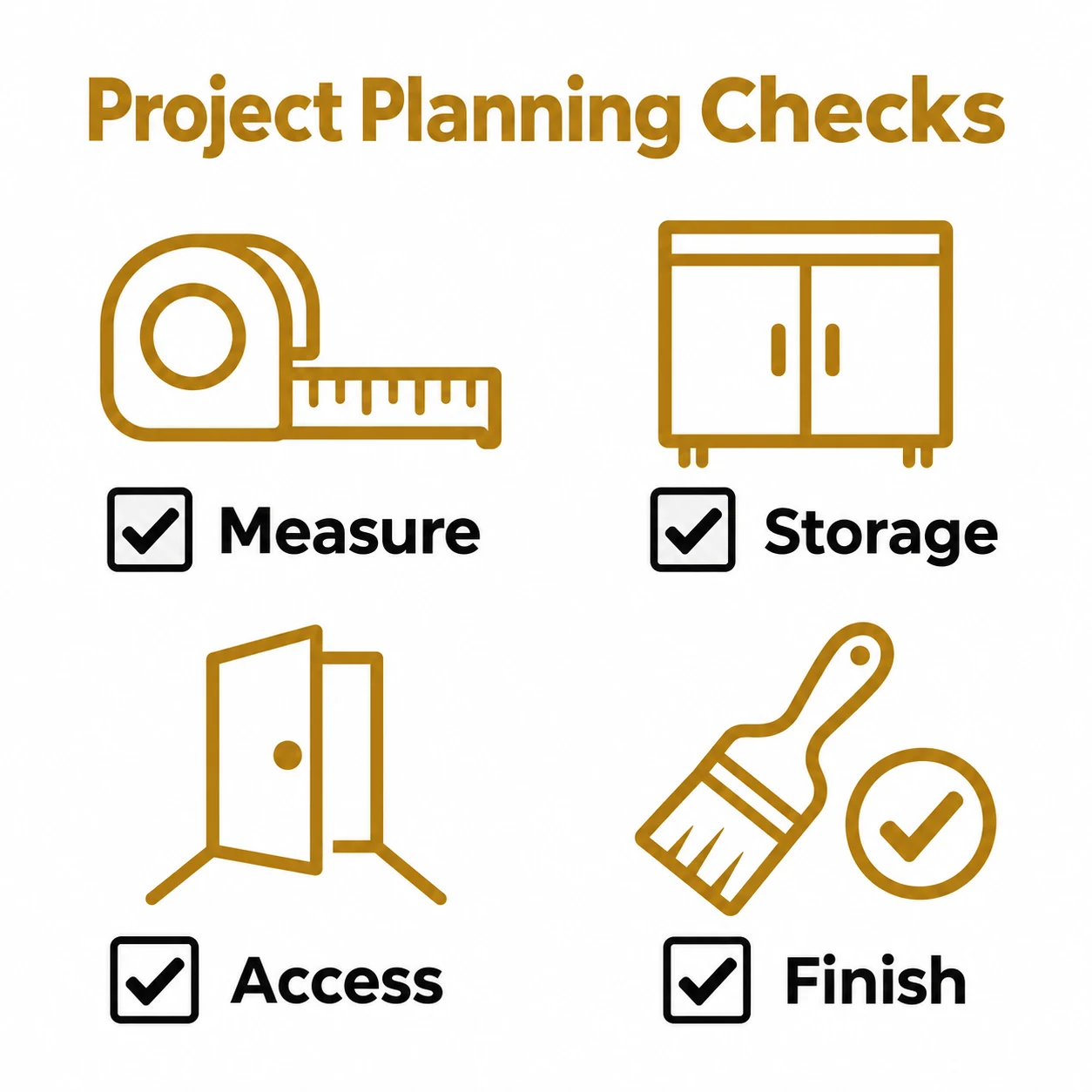 Kitchen furniture project checklist for measuring, storage, access and finish