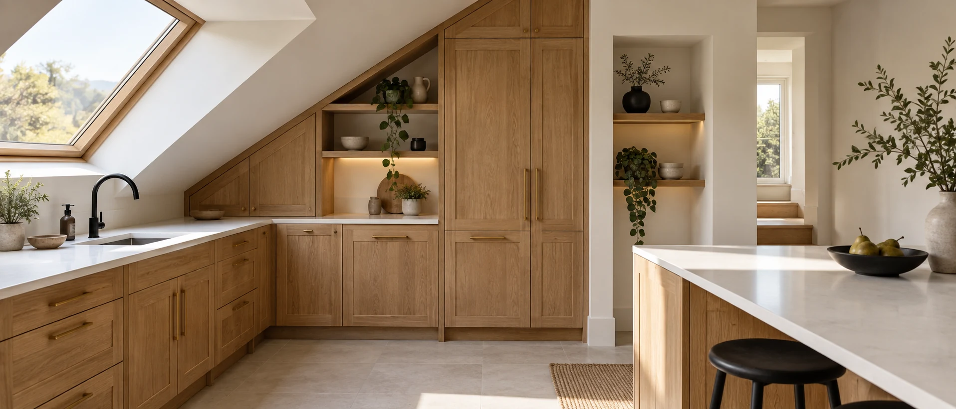Made to measure kitchen furniture fitted into an awkward sloping kitchen layout
