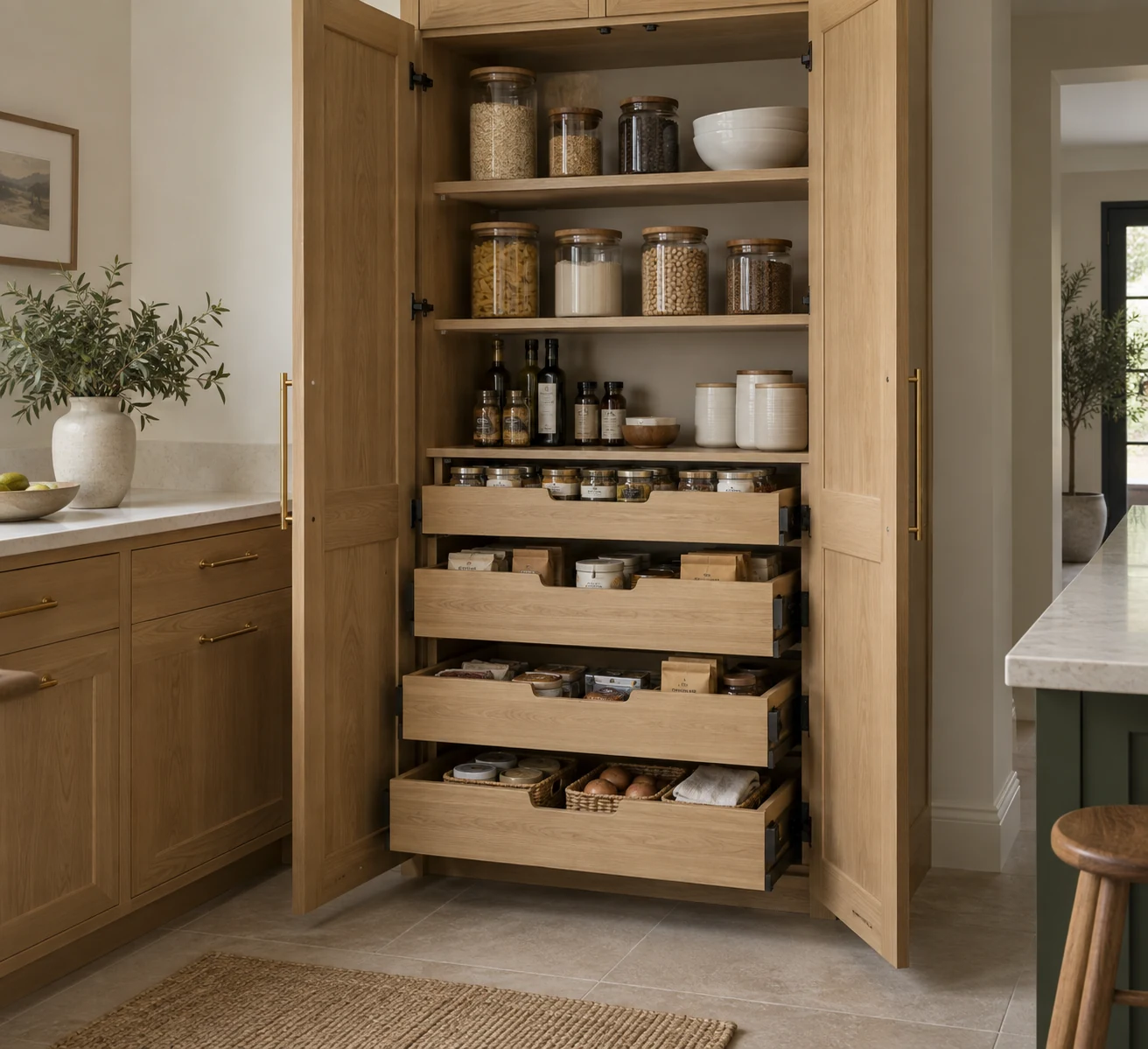 Organised made to measure pantry storage in a compact kitchen
